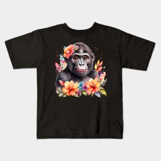 A gorilla decorated with beautiful watercolor flowers Kids T-Shirt